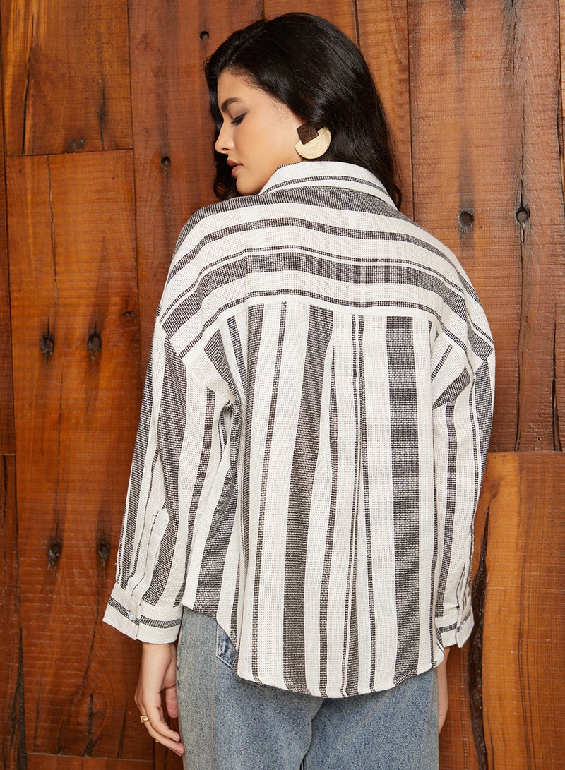 Campus Sutra Women's Grey & White Multitrack-Striped Oversized Shirt For Casual Wear | Spread Collar  | Long Sleeve | Button Closure | Oversized Shirt Crafted With Comfort Fit For Everyday Wear - Image 5